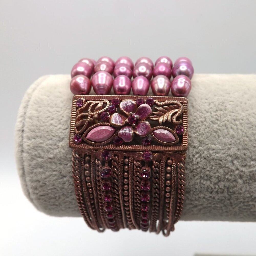Pink Faux Pearl Floral Rhinestone Bracelet, Six Rows Glass Pearls, 7 Inches